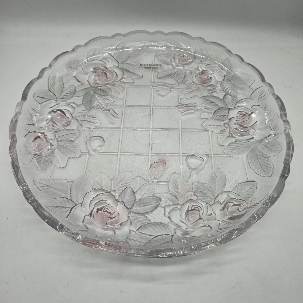Home Beautiful Embossed Pink Roses 14 inch Crystal Platter